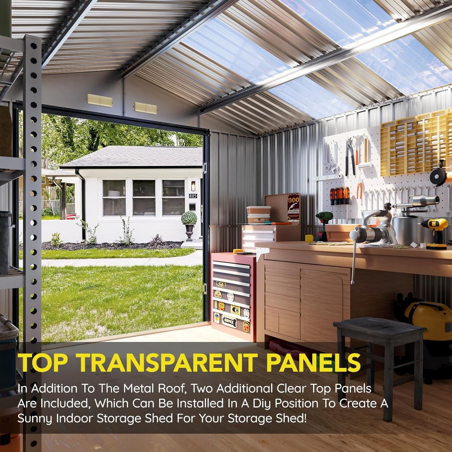 10x12 FT Outdoor Metal Storage Shed with Floor Frame, Double Swing Doors, 2 Clear Windows, Replaceable Skylight Roof Panel, Tool Shed for Garden, Patio, Backyard