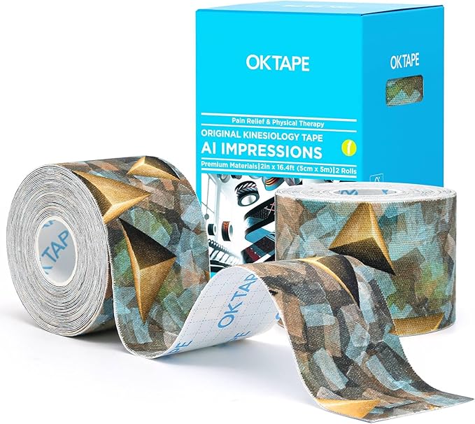 OK TAPE Patterned Kinesiology Tape, Elastic Physical Therapy Athletic Tape for Pain Relief & Muscle Support, Uncut Kinetic Tape, 2in x 16.4ft- 2 Rolls (Pyramid)