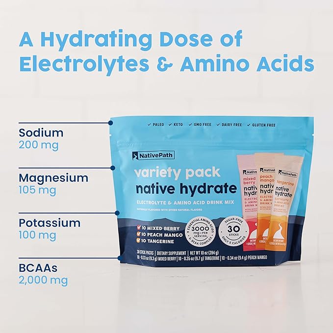 NativePath Native Hydrate Stick Packs with Electrolytes and Amino Acids, Variety Pack, Mixed Berry, Peach Mango, Tangerine, 30 Servings