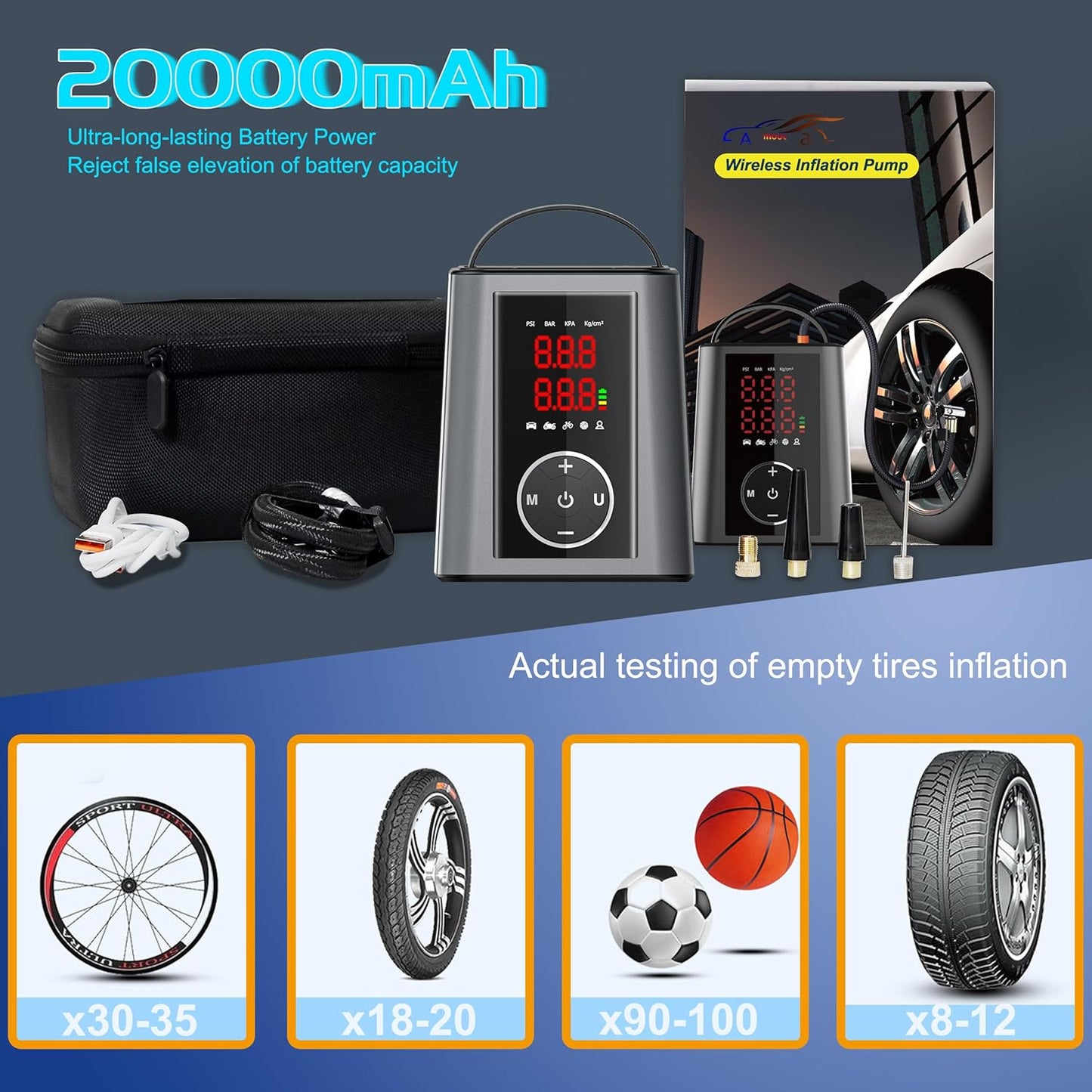 Amooca Tire Inflator Smart Fast Auto Tire Inflation 150 PSI 20000mAh Cordless Air Pump with Emergency Light for Outdoor SUV Car Motorcycle Bike Ball