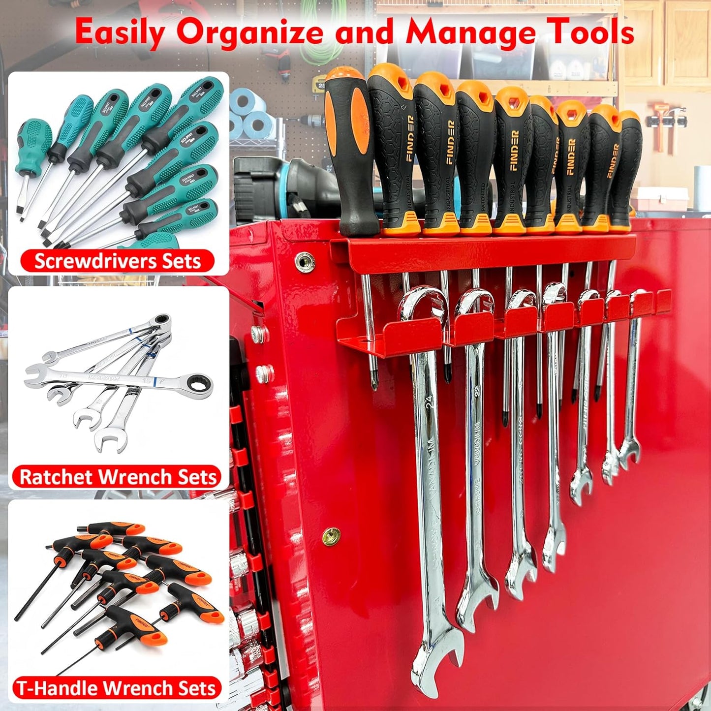 MUTUACTOR Magnetic Wrench Holder Heavy Duty,Anti-scratch Magnetic Mount Screwdriver Holders, 2 Layers Wrench Screw Drivers Holder for Work Bench Toolbox Tool Cart,1PCS,Red,9 Holes and 7 Slots