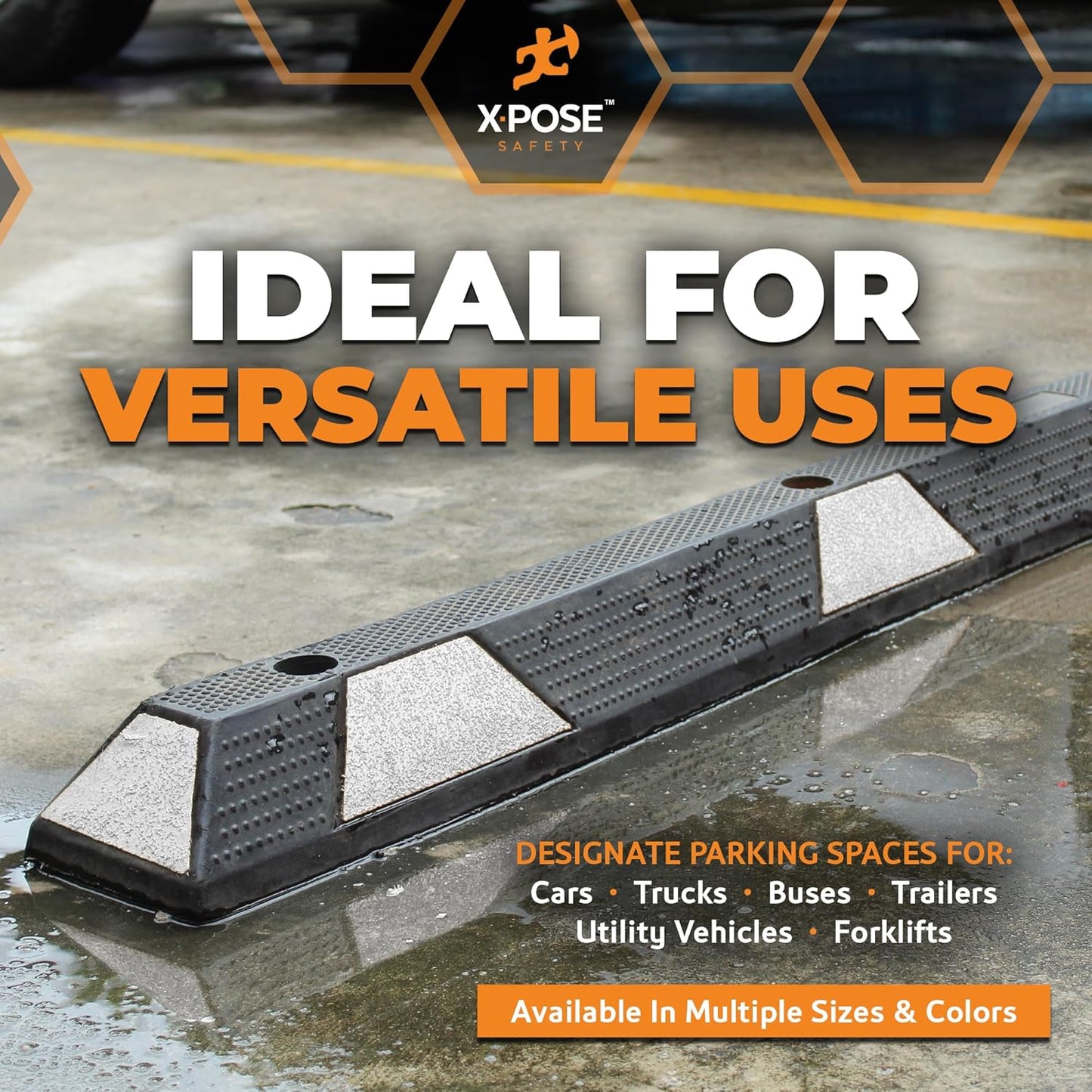 Xpose Safety 48" Heavy Duty Rubber Parking Stopper – Bulk Half Pallet 24 Pack Wheel Blocks for Garage, Driveway, or Ramp – Car Bumper Stop with White Reflective Strips – Removable Floor Mount