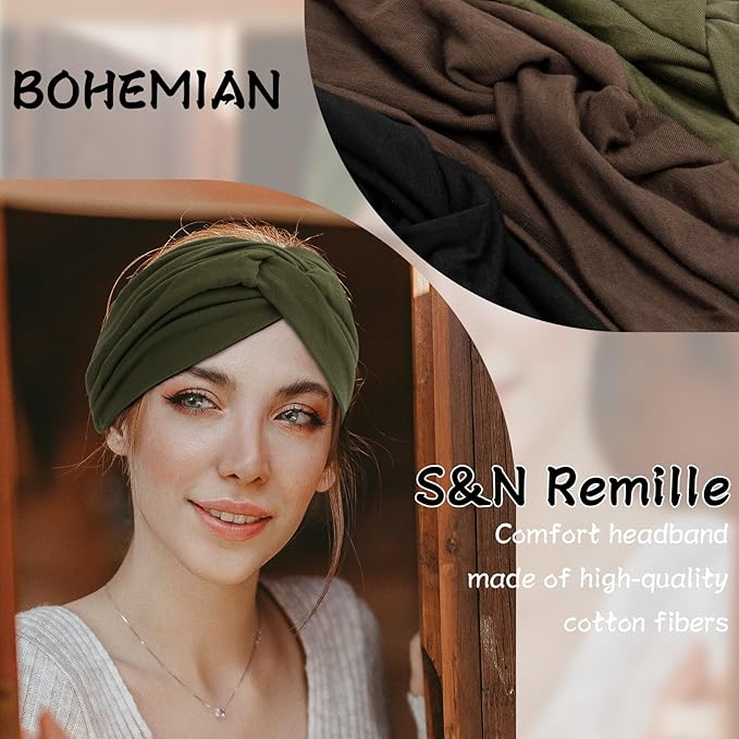 S&N Remille Wide Headbands for Women, Large Hairband, Elastic Non-Slip Headband Twist Knotted Accessories, Yoga Workout Vintage Hair 3 Pack (Colour-7)