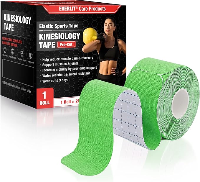 EVERLIT [Single] Pre-Cut Elastic Cotton Kinesiology Therapeutic Athletic Sports Tape, For Pain Relief And Support, 20 Precut 10” Strips (Lime Green)