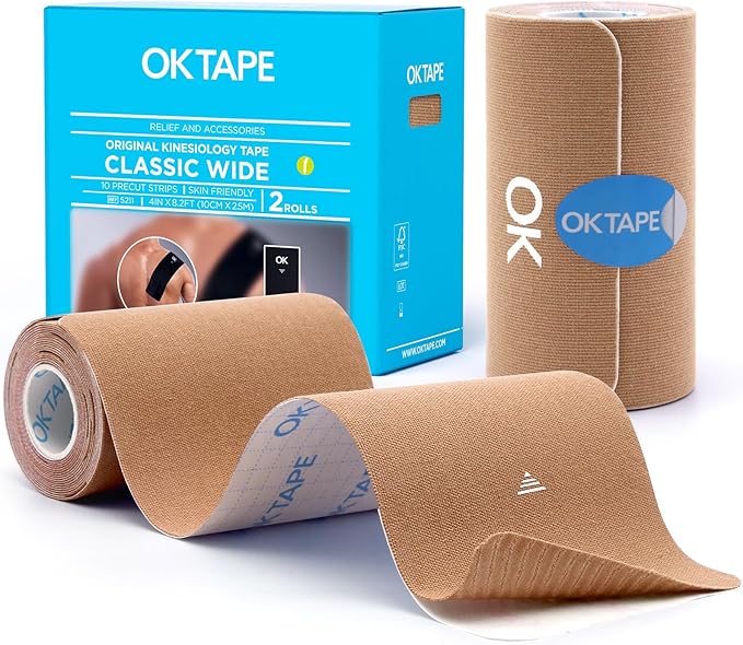 OK TAPE Extra Wide Kinesiology Tape, Precut K Tape Strips, Elastic Physical Therapy Athletic Tape for Pain Relief & Joint Support | Back, Shoulder, Knee (4" x 10" - 20Pcs) Beige, 4in x 8.2ft / Roll
