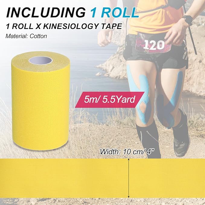PATIKIL 5.5 Yard x 4 inch Kinesiology Tape, 1 Roll Adhesive Cotton Sports Muscle Support Tapes Waterproof Elastic Tape for Knee Ankle Wrist Shoulder, Yellow