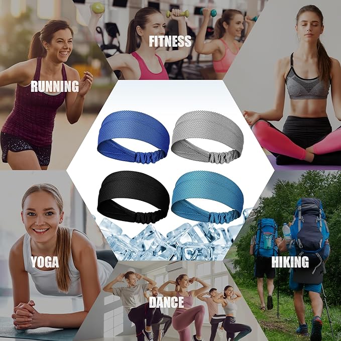Coume 4 Pcs Cooling Headbands for Women Men Sweat Absorbing Headbands Stretchy Sports Hair Bands for Running, Yoga, Golf, Camping, Biking, Tennis