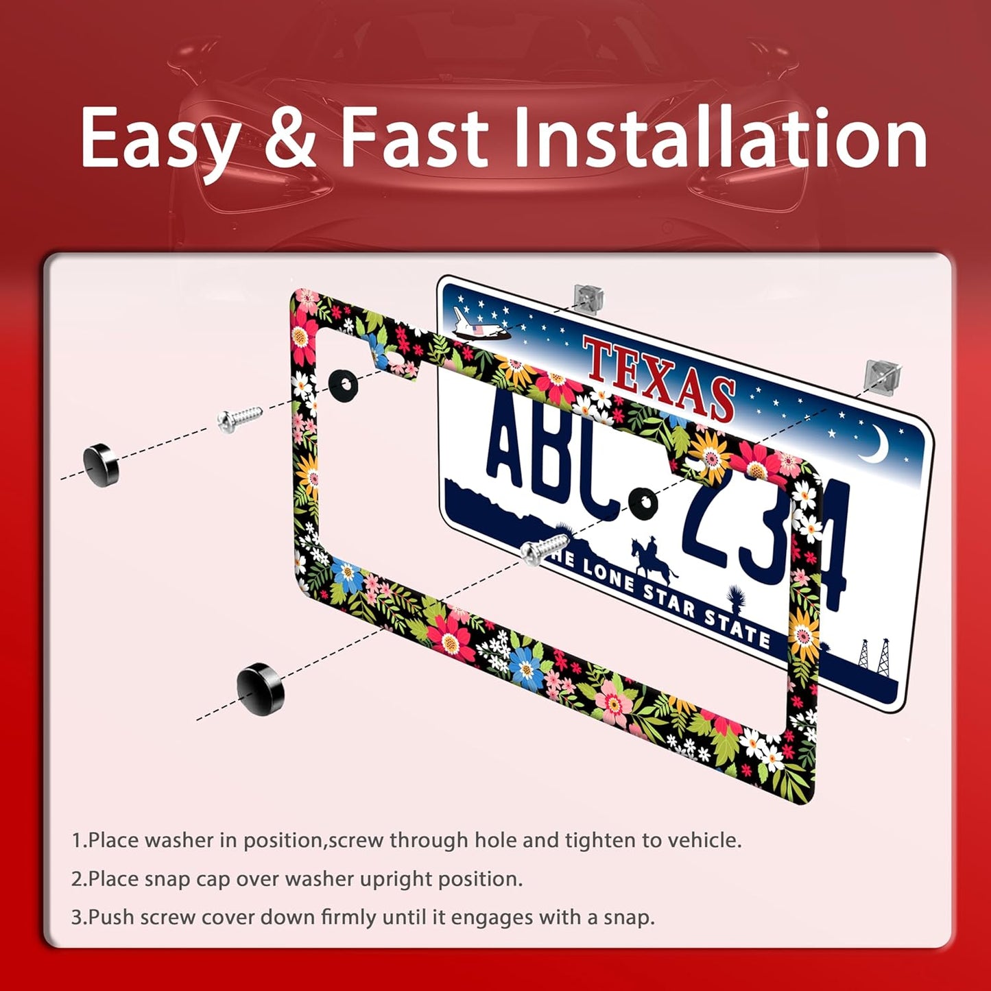 Folk Art Flowers License Plate Frame Funny Colorful License Plate Frames Stainless Steel Accessories Cars Decor with 2 Holes and Screws Fits Standard Us Ca Vehicles License Plate Holder 12.2 X 6 Inch