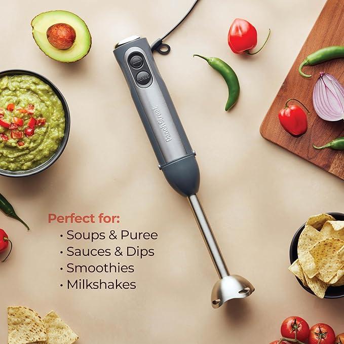 Powerful Immersion Blender, Electric Hand Blender 500 Watt with Turbo Mode, Detachable Base. Handheld Kitchen Blender Stick for Soup, Smoothie, Puree, Baby Food, 304 Stainless Steel Blades (Grey)