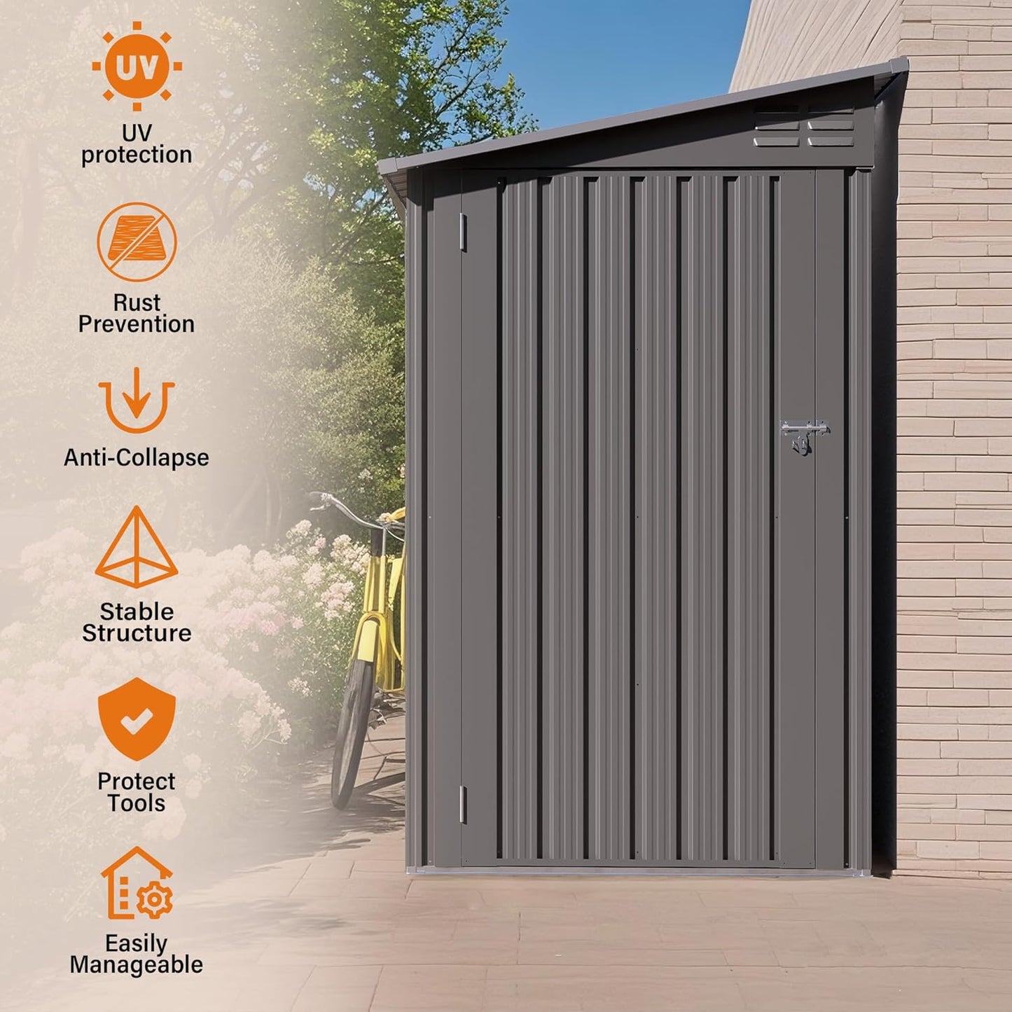 4 x 9 FT Metal Outdoor Storage Shed w/Clear Window, Lean to Storage Sheds with Lockable Door and Air Vents, All Weather Waterproof Garden Tool House for Backyard, Patio, Lawn, Gray