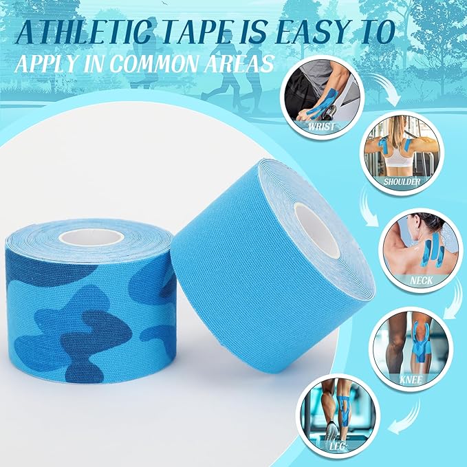 2 Rolls Kinesiology Tape, Waterproof Kinetic Tape 1.97 in x 16.4 ft, Uncut Cotton Elastic Athletic Strips for Knee, Shoulder, Ankle, Muscle Support (Blue and Blue Camouflage)