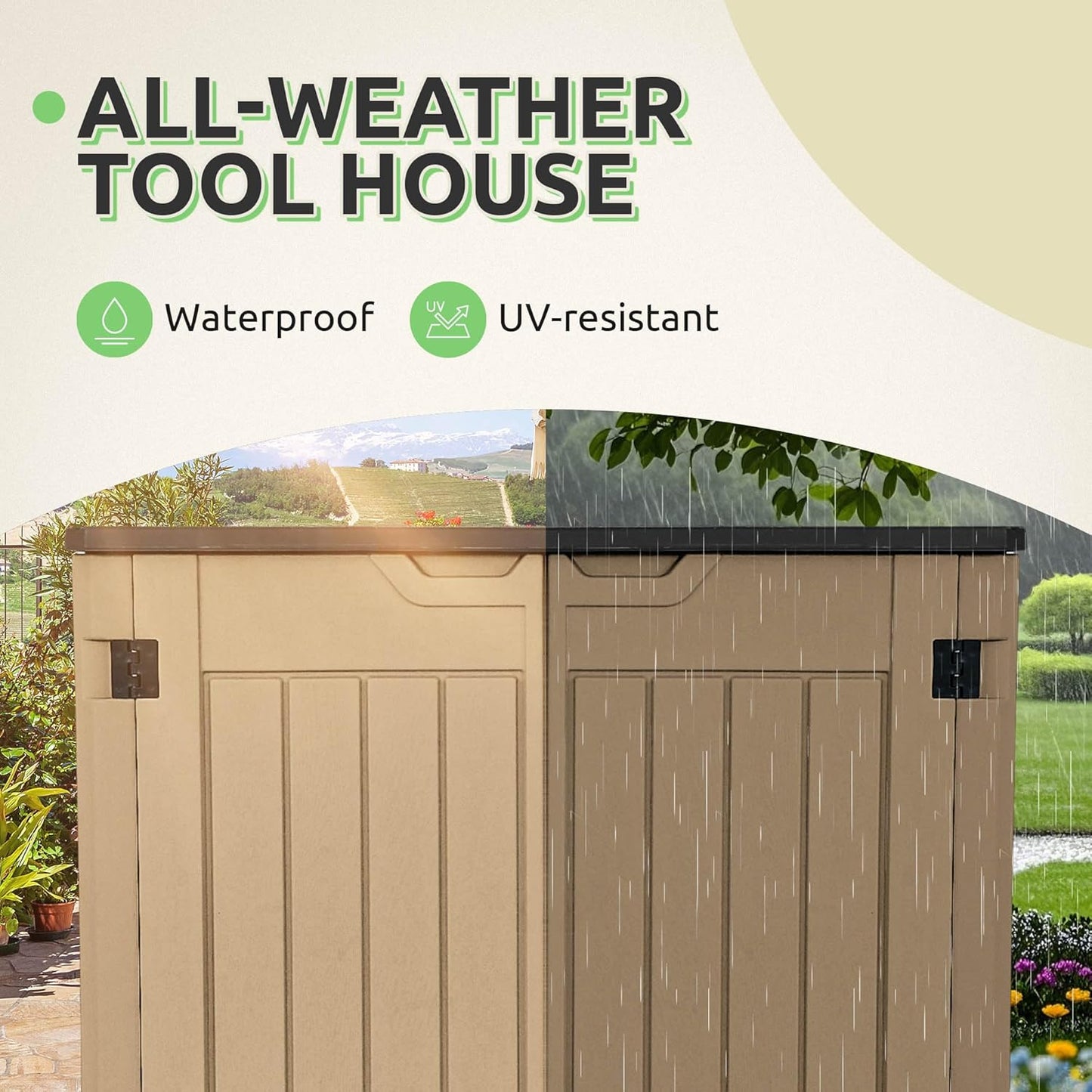 GOOBED 4.5x4ft Outdoor Horizontal Resin Storage Shed, 47 cuft Large Waterproof Tool Shed, No Shelf Included, Lockable, Easy Assembly (Brown)