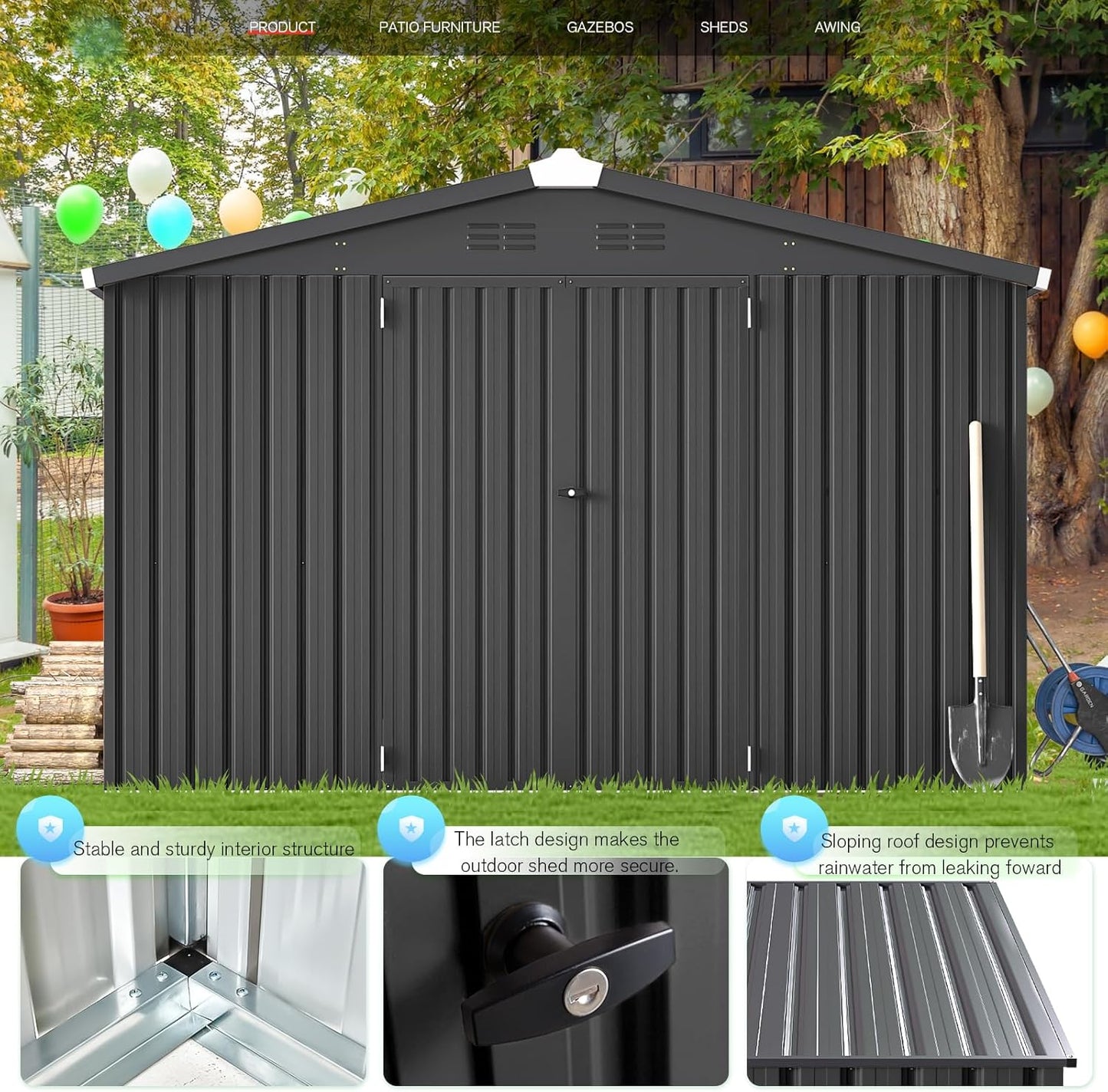 AECOJOY Shed 10' x 14' Storage Shed, Outdoor Storage Sheds & Outdoor Storage 10' x 14' with Lockable Doors, Large Steel Yard Shed, Utility and Tool Storage for Garden, Patio, Outside use in Dark Grey