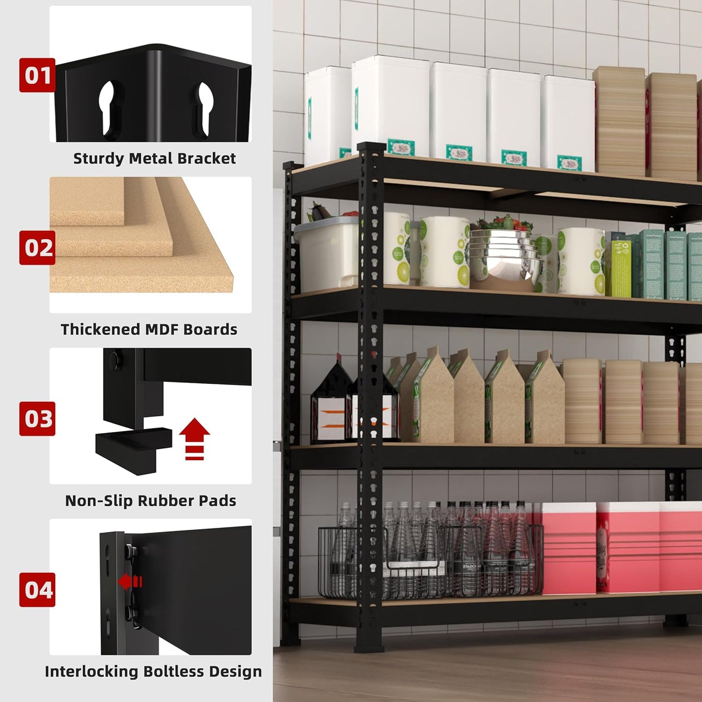 36" W x 16" D x 55" H Adjustable Garage Storage Shelves - 4-Shelf Heavy Duty Shelving Unit, Metal Utility Storage Organizer Racks for Warehouse Pantry Closet Kitchen, Black