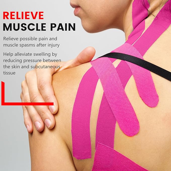 60PCS Precut Kinesiology Tape Strips, 2 inch x 10 inch Athletic Tape, Kinetic Tape, Elastic Muscle Tape, Sports Tape, Knee Tape for Exercise and Daily Use - Rose Red