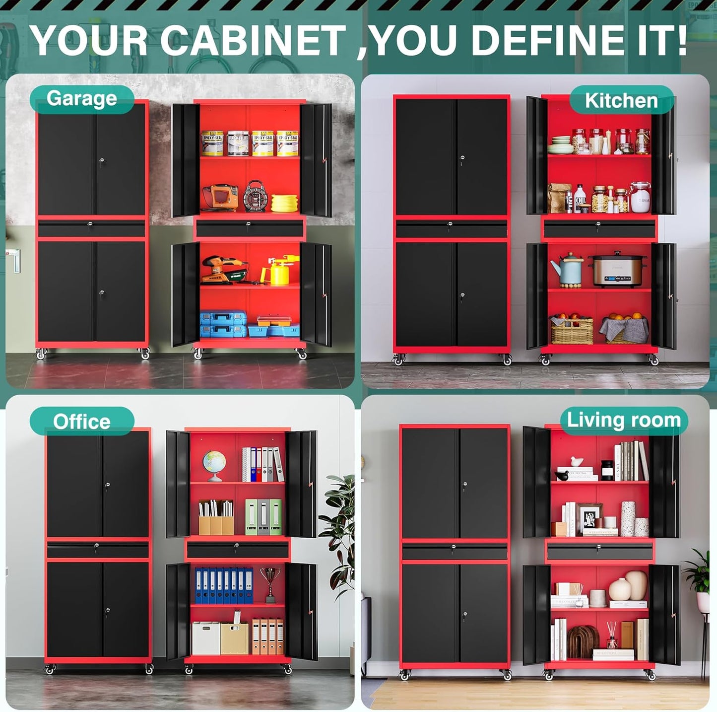 SISESOL Metal Storage Cabinet with Wheels and Drawer,Rolling Garage Storage Cabinet with Lock,Black Red Metal Cabinets with Wheel,73" Mobile Tall Tool Cabinets on Wheel for Home,Office,Garage,Shop