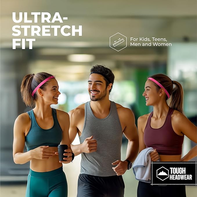 Tough Headwear Athletic Headband Set - Thin Headbands for Women - Elastic Sport Hair Bands Men - Skinny Sports Hairbands - Non Slip Athletic Head Bands for Sports - Black and Pink