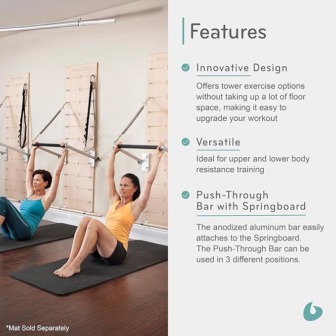 Balanced Body Pilates Springboard with Push-Through Bar, Wall Mounted Pilates Workout Equipment for Home Gym or Studio Use, Pilates Exercise Equipment with Resistance Springs
