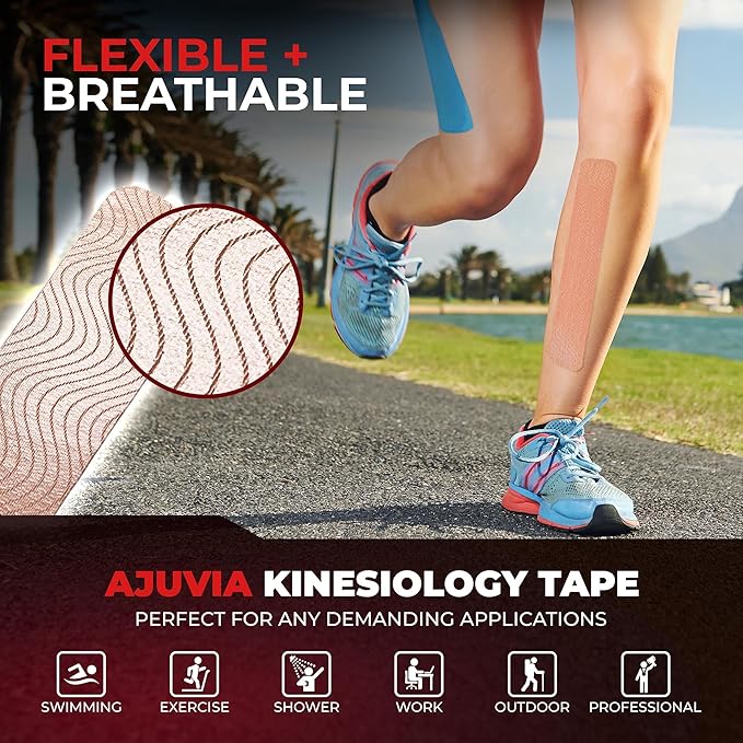 AJUVIA Synthetic Kinesiology Tape, 1 Roll, 10% Bonus, 20 + 2 Precut Strips, Lasts up to 14 Days, Hypoallergenic and Waterproof K Tape for Muscle Pain Relief and Joint Support