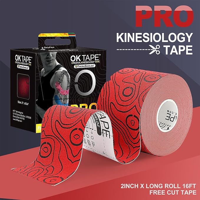 OK TAPE PRO Kinesiology Tape Uncut Roll, Elastic Physical Therapy Athletic Tape for Pain Relief, Muscle Support, Kinetic Tape, Water Resistant, 2in X 16.4ft -Red 2 Rolls
