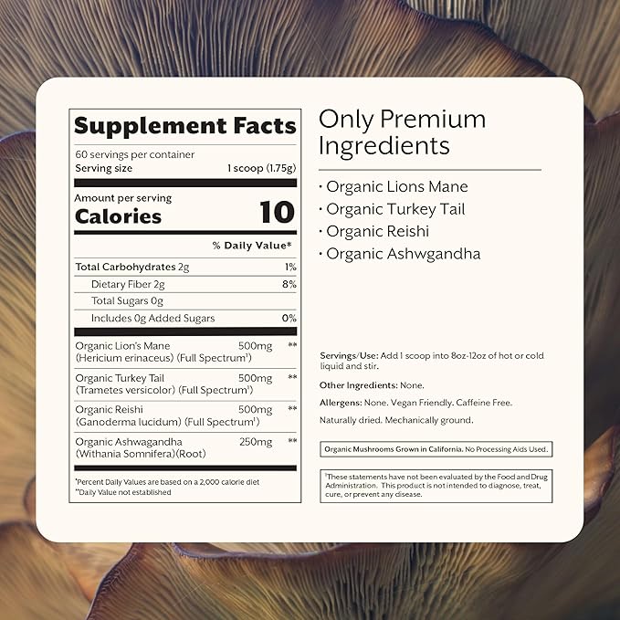 Promix Adaptogens Mushroom Coffee Supplement Powder - with Organic Ashwagandha, Lion’s Mane, Turkey Tail & Reishi - 60 Servings