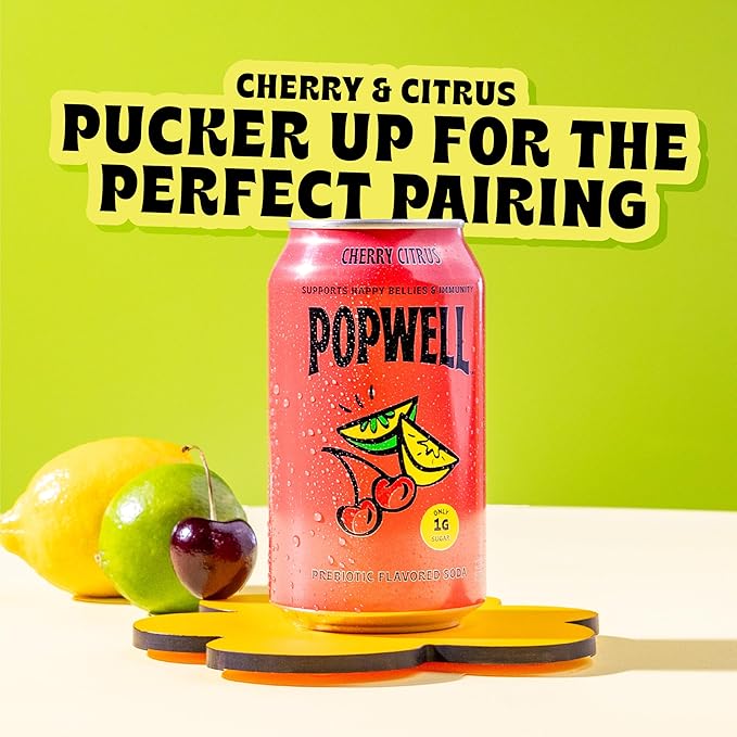 Popwell Cherry Citrus Better-For-You Prebiotic Soda, with 6g Fiber, 1g Sugar, Vitamins and Immunity Support, 12 fl oz Cans (pack of 12)