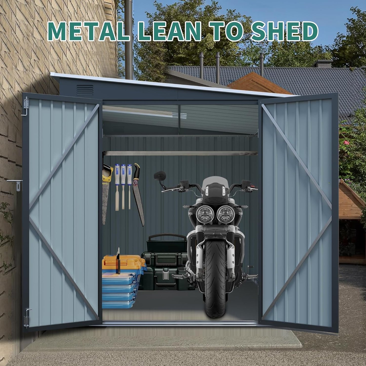 LANTRO JS 6x8FT Metal Outdoor Storage Shed, Garden Tool Shed Without Floor, Lean to Shed with Free PC Light Board and Lockable Doors for Garden Bike Lawnmower