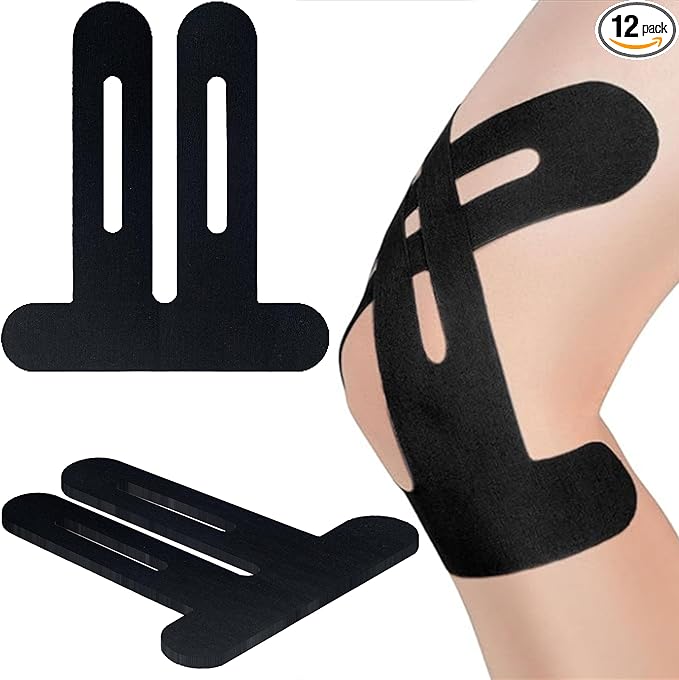 Precut Kinesiology Tape for Knees,12 Pcs – Elastic Knee Support & Stability, Pain Relief – Waterproof, Breathable, Hypoallergenic Athletic Tape (Black)