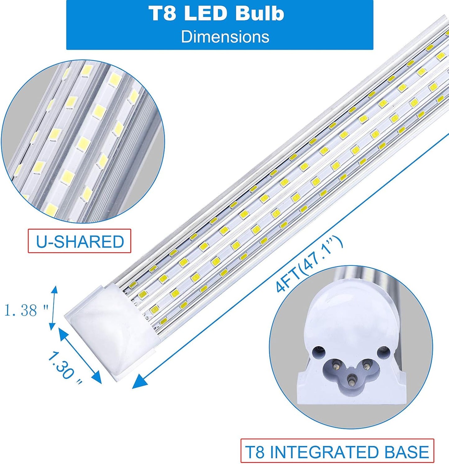 (6- Pack) 4FT LED Shop Light, 65W 5000K Daylight White 7500LM Super Bright T8 Integrated Fixture U-Shape 4 Rows Linkable Tube Lights for Garage Warehouse Workshop Basement Plug and Play
