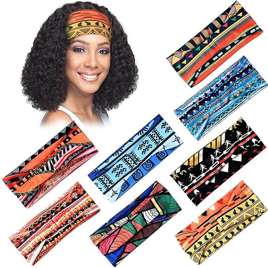 African Headbands Wide Head Wraps for Women Boho Turban Head Bands for Lady Large Sport Workout Stretchy Non-Slip Hair Bands,Pack of 8