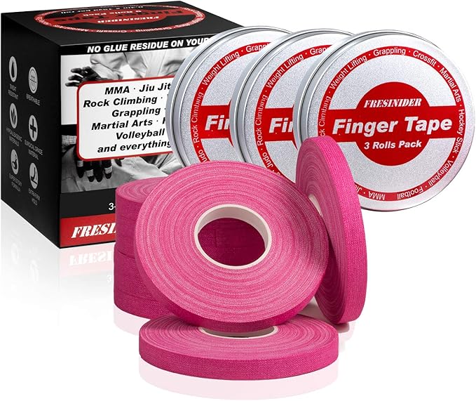 Finger Tape - Strong Athletic Tape | 0.3” x 45 Feet (9 Pack) Tin Set | No Sticky Residue | for Rock Climbing, BJJ Jiu Jitsu, Grappling, Judo, MMA, Rock Climbing and Martial Arts (Pink)