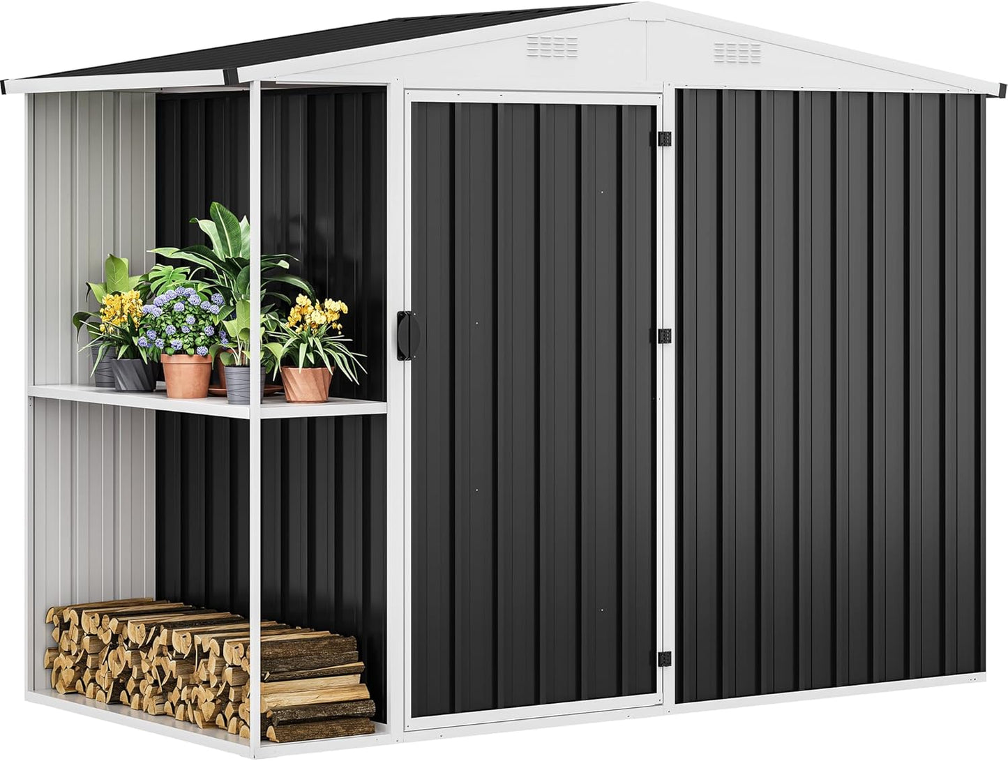 DWVO Outdoor Storage Shed 8x4FT with Rack, Metal Garden Shed with Storage Shelves, Bike Storage Tool Cabinet Box for Lawn Backyard Patio Use, Dark Gray