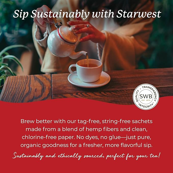 Starwest Botanicals Organic Chai Tea - Caffeinated Herbal Blend with Black Tea & Cinnamon, String Free Sachets, USDA Organic, Non GMO - 20 Tea Bags
