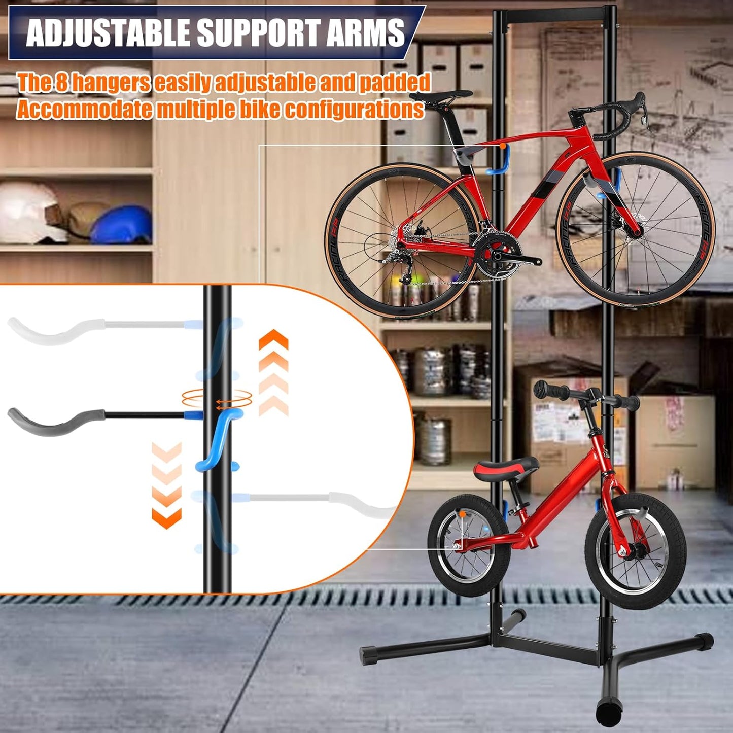 Stand Bike Storage Rack Garage Max 240lbs, Freestanding Gravity Indoor Bike Rack Holds 4 Bikes with Adjustable Arms, Vertical Bike Stand Space Saving for MTB, Road Bike