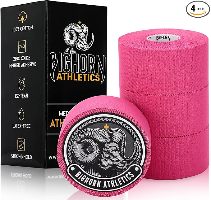 Bighorn Athletics Sports Tape | EZ-Tear Pink Athletic Tape for Wrist, Ankle & Foot Support | Zinc Oxide Infused & Latex-Free Adhesive, Breathable Cotton Fabric, 1.5-Inch x 45-Feet, 4 Rolls, Pink