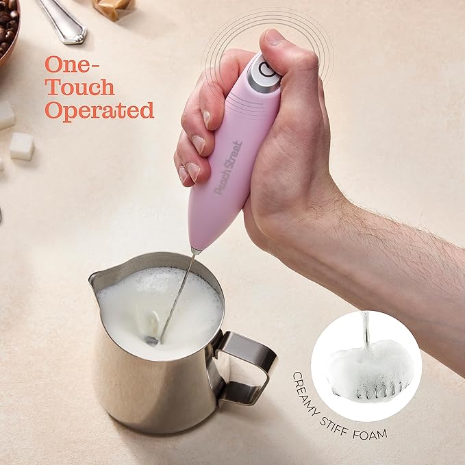 Powerful Handheld Milk Frother, Mini Milk Foamer, Battery Operated Stainless Steel Drink Mixer with Frother Stand