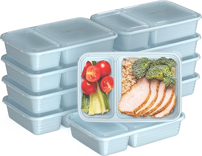 Bentgo 20-Piece Lightweight, Durable, Reusable BPA-Free 2-Compartment Containers - Microwave, Freezer, Dishwasher Safe - Sky