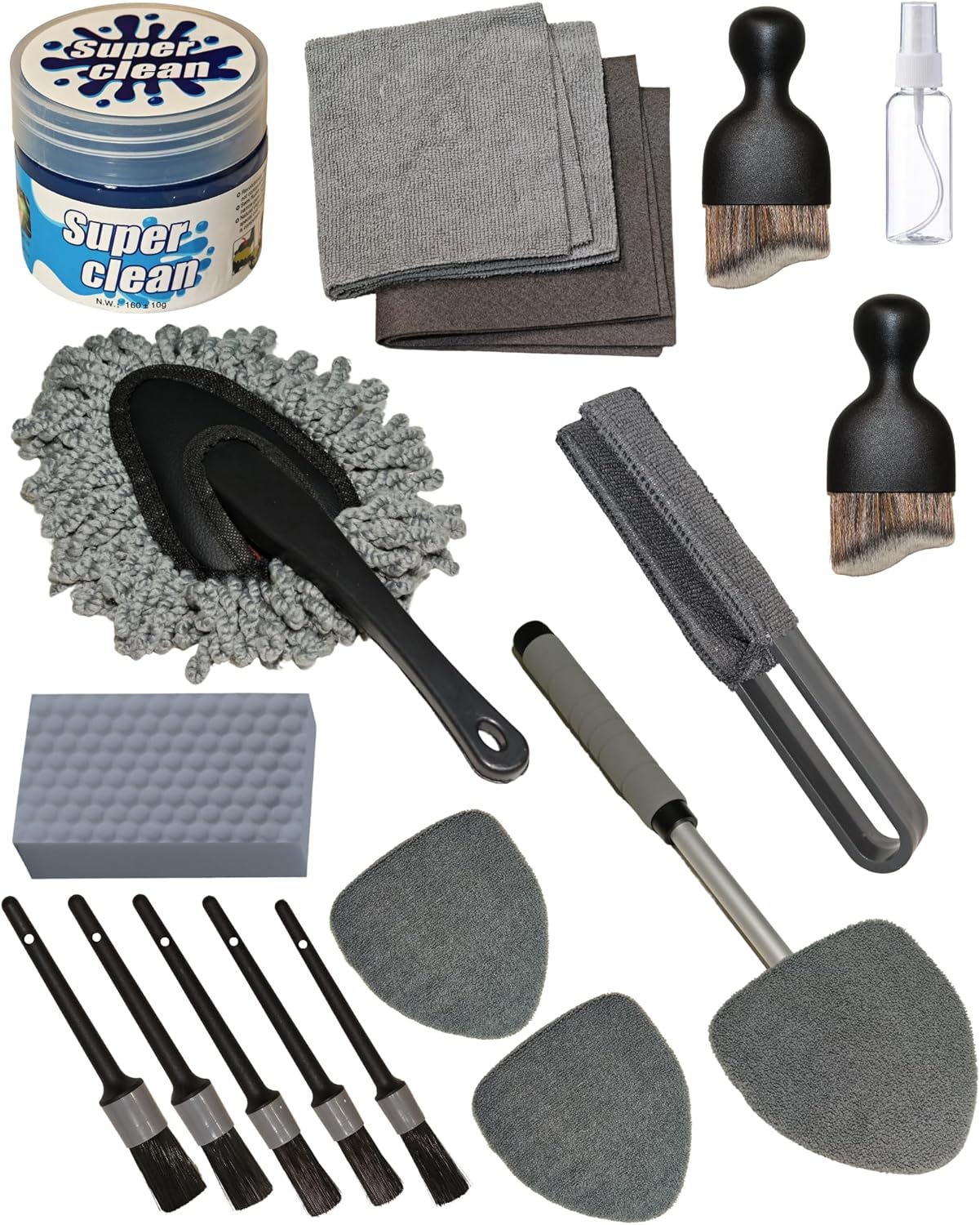 18Pcs Professional Car Interior Detailing Kit All-in-One Cleaning Tools for Windows, Dashboard, Vents, Windshield Cleaner Brush, Magic Sponge, Chamois Cloth, Detailing Brushes & Accessories