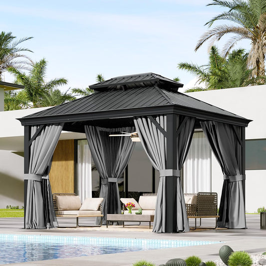 Aoxun 10' X 12' Hardtop Gazebo with Drainage System, Aluminum Outdoor Gazebo with Galvanized Steel Double Roof, Patio Permanent Metal Pavilion with Netting, for Garden, Deck, Easy Assemble