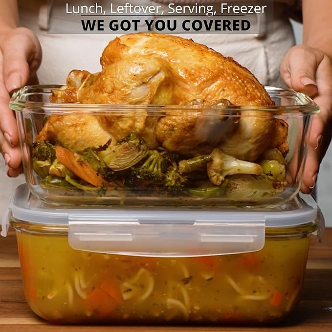 8 Cups/ 63 Oz 4 Piece (2 containers + 2 Lids) Large Glass Food Storage/ Baking Containers with Locking Lids . Ideal for Storing food, vegetables or fruits. BPA Free & Leak Proof -Microwave, Oven Safe