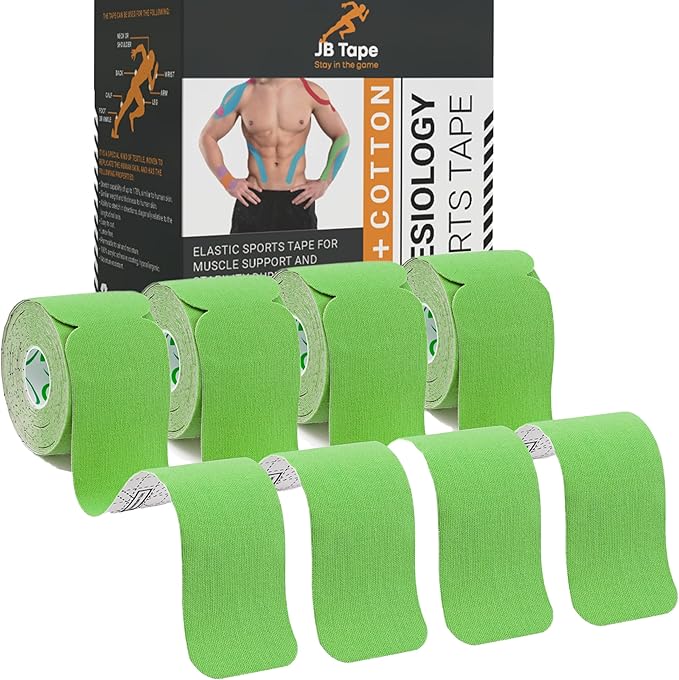 JB Tape, Precut Kinesiology Strips 4 Rolls- (80 Count, 10") Elastic, Latex-Free, Water Resistant, Athletic Sports Tape for Body, Joint & Muscle Support. (Green)