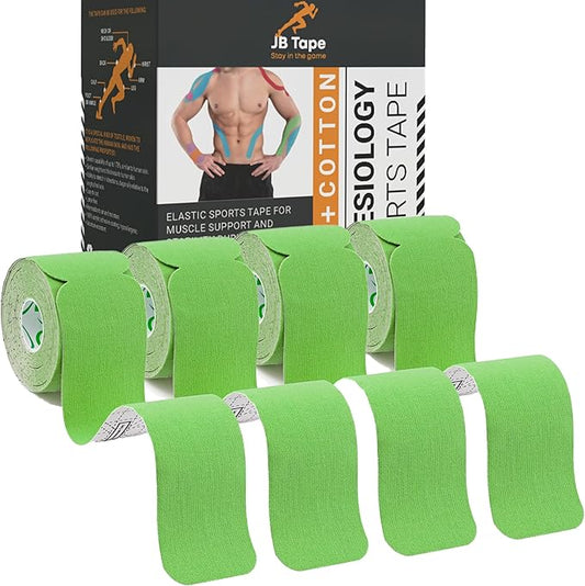 JB Tape, Precut Kinesiology Strips 4 Rolls- (80 Count, 10") Elastic, Latex-Free, Water Resistant, Athletic Sports Tape for Body, Joint & Muscle Support. (Green)