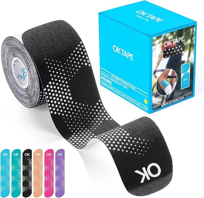 OK TAPE Synthetic Kinesiology Tape, 20 Strips, Precut K Tape, Performance Elastic Athletic Tape for Pain Relief & Muscle Support, Reflective Design, Waterproof, 2" x 10" -Black