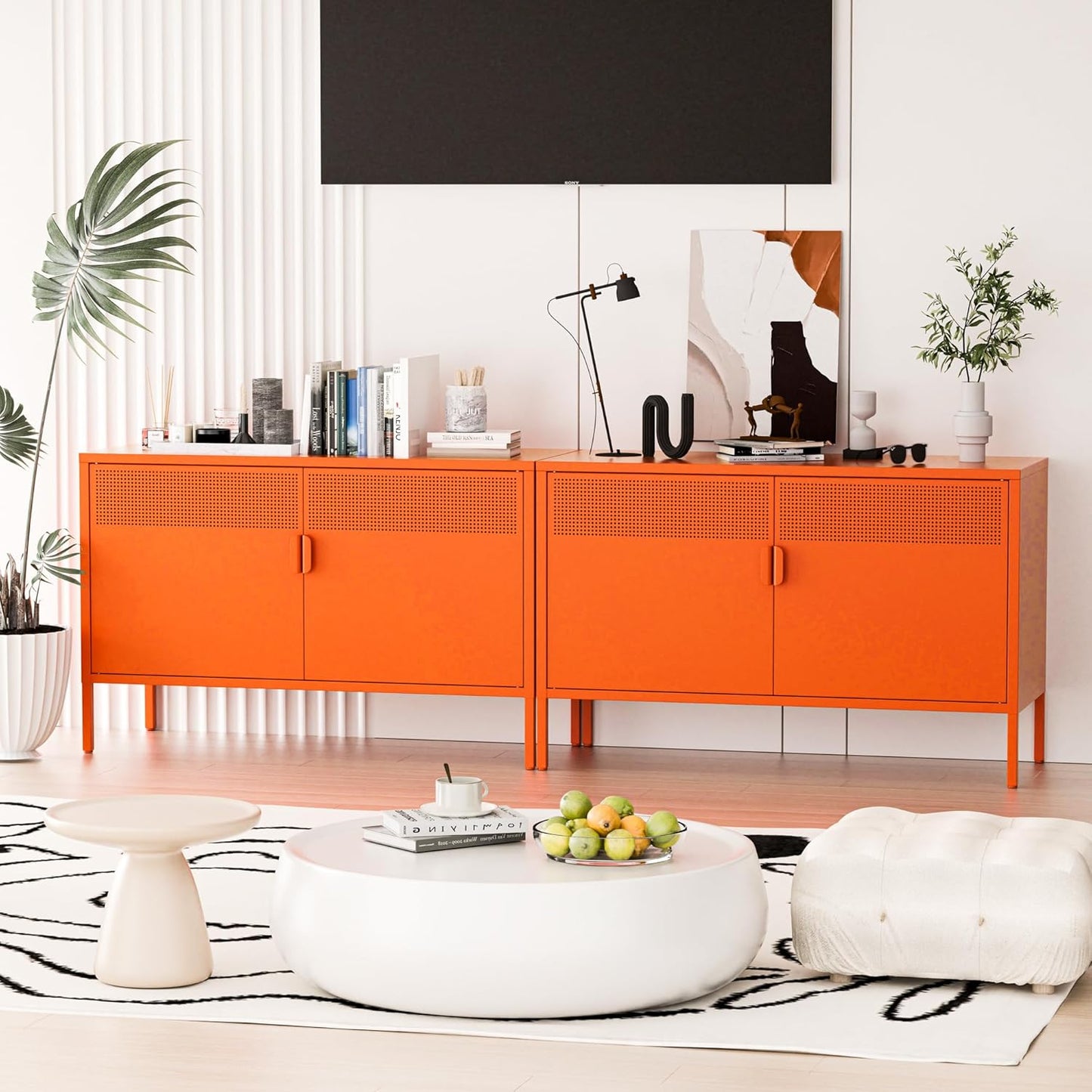 2 Door Accent Cabinet,Orange Metal Storage Cabinet with Adjustable Shelf,2-Tier Shelf,Multipurpose Metal Locker Storage for Office Home,Music Studio (Orange)