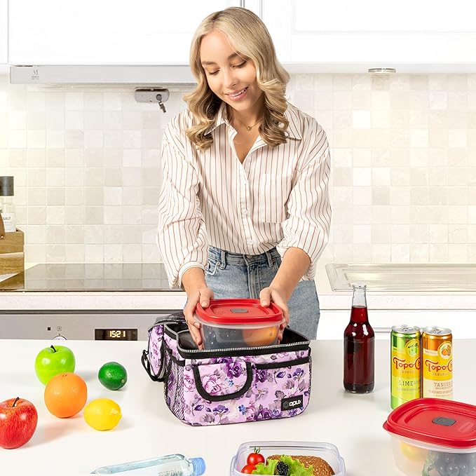 opux Lunch Bag Women Insulated, Adult Lunch Box Cooler, Flower Lunch Box, Dual Compartment Lunchbox for Work, Leakproof Double Decker Lunch Bag, Soft Lunch Pail Tote Girls Kids School, Floral Purple