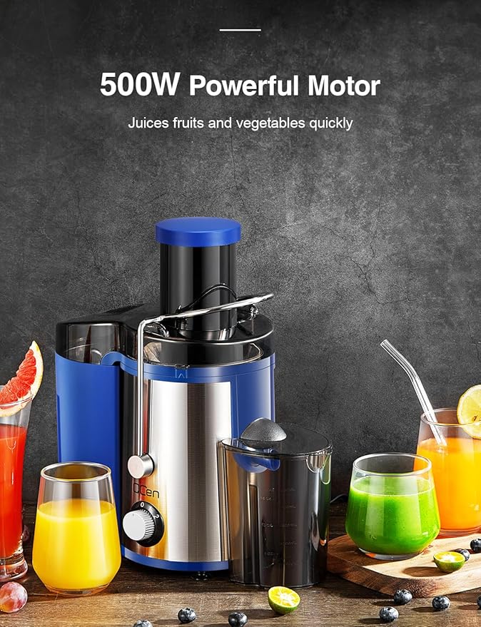 QCen Juicer Machine, 800W Centrifugal Juicer Extractor with Wide Mouth 3” Feed Chute for Fruit Vegetable, Easy to Clean, Stainless Steel, BPA-free (Blue)