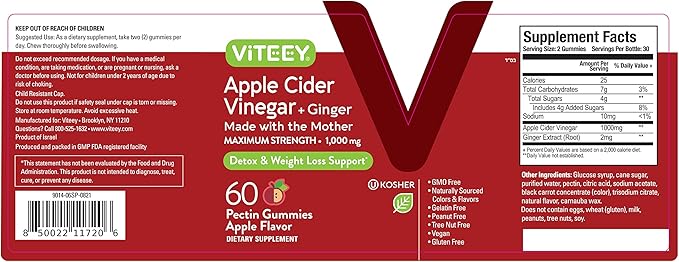 Viteey Apple Cider Vinegar Gummies and Ginger – 1000 mg ACV Gummies for Weight Loss, Detox and Digestion – Vegan, Gluten-Free – 60 Count