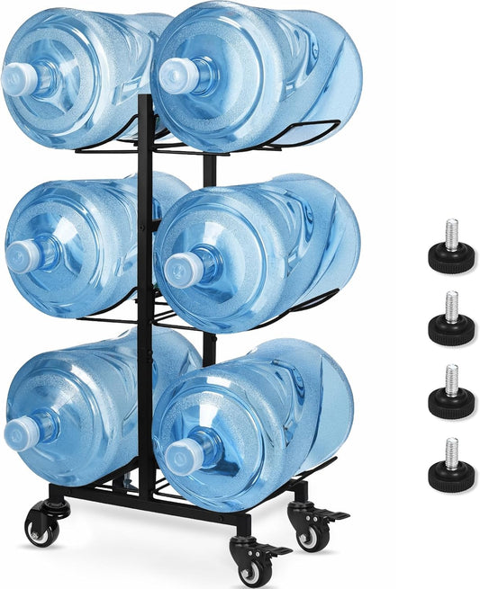 5 Gallon Water Jug Holder with 4 Wheels, Movable Heavy Duty Foldable Water Jug Stand 3-Tier 5 Gallon Water Bottle Holder Water Cooler Jug Storage Rack for 6 Bottles(Black)