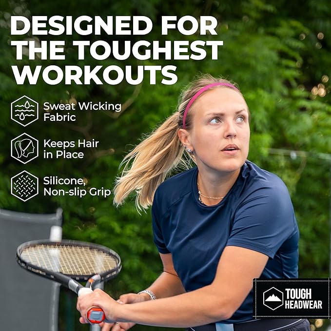 Tough Headwear Thin Elastic Headbands, Sports Headbands for Women & Men - Mens Workout Headband - Running or Soccer Headband - 6-Pack