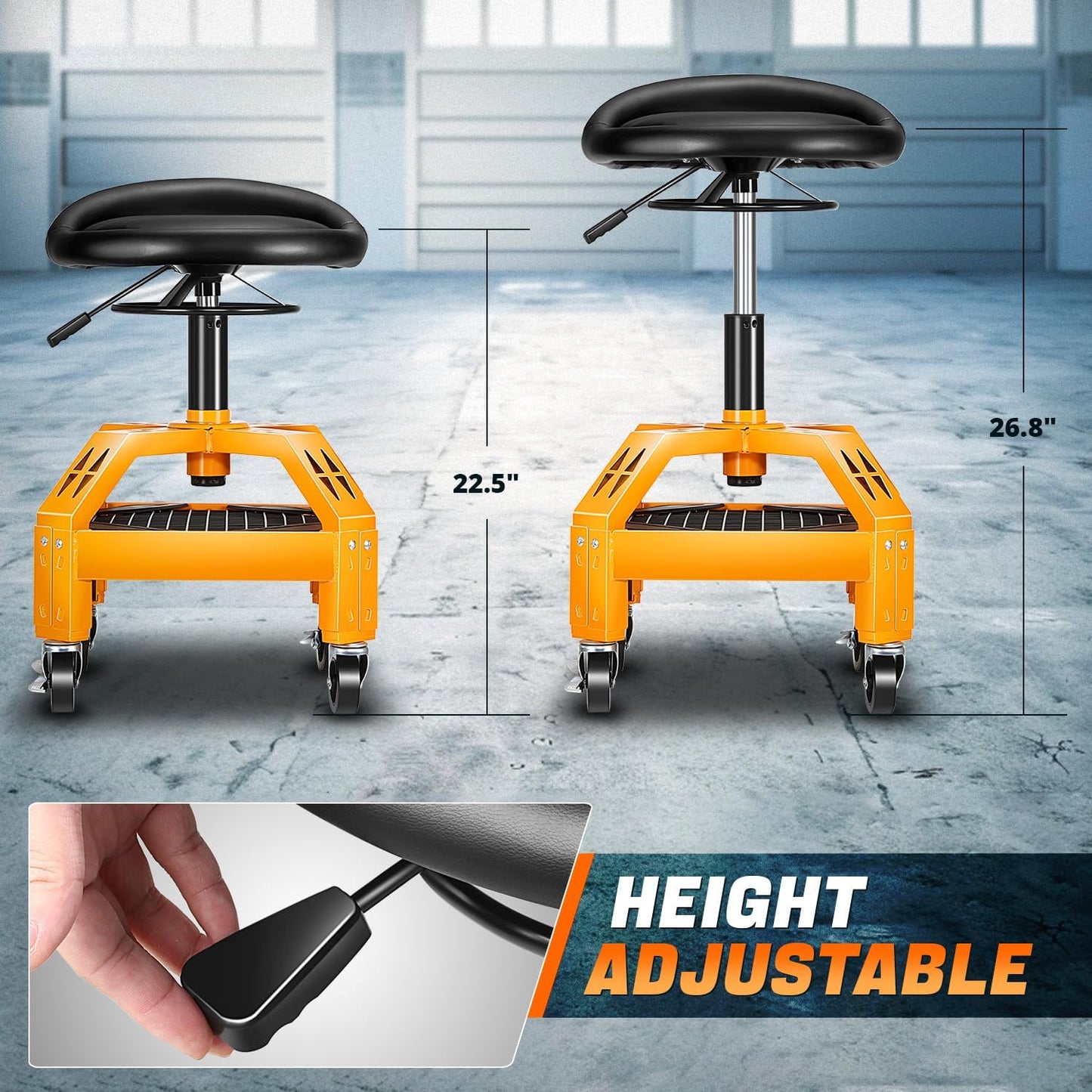 DNA MOTORING Rolling Padded Seat Adjustable Height Seat 330lbs Capacity Rolling Mechanic Creeper Stool, W/Tool Storage Drawer & Tray, Black/Yellow,TOOLS-00599